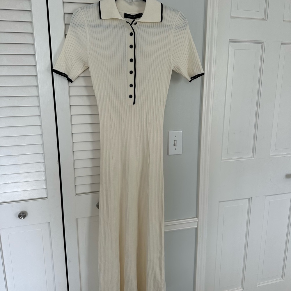 Cream Ribbed Maxi Polo Dress with Black Trim